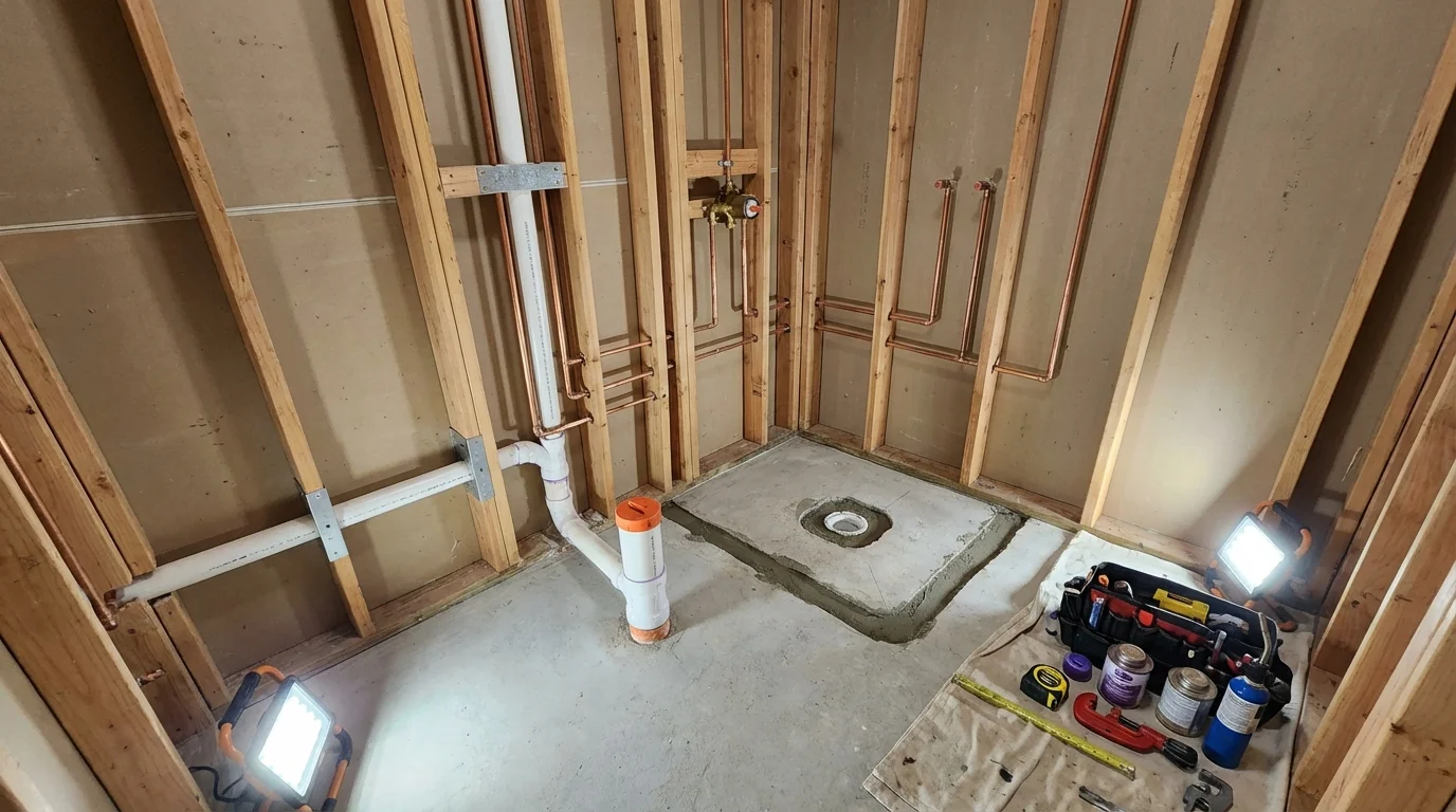 Bathroom rough-in plumbing during remodel by Johns Plumbing LLC in Corvallis