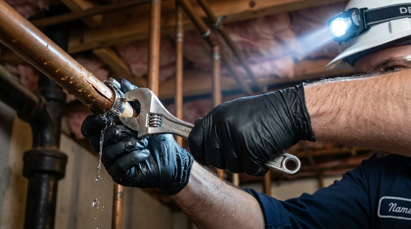 Emergency pipe clamp repair being performed by a Johns Plumbing LLC plumber in Corvallis